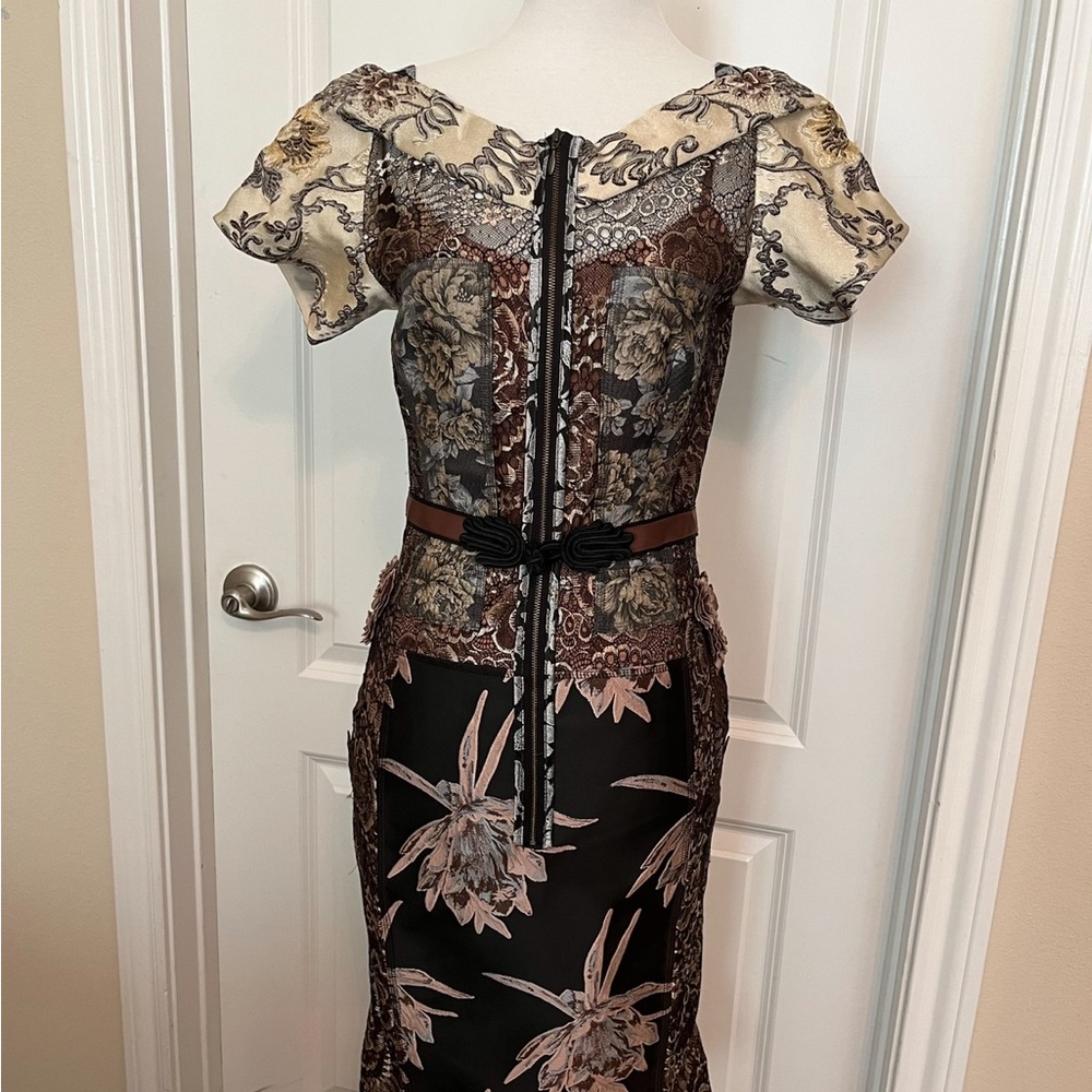 Byron Lars Black and Cream Floral Midi Dress